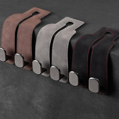 2-in-1 Premium Leather Car Headrest Hanger with Metal Hooks (1 Pair)