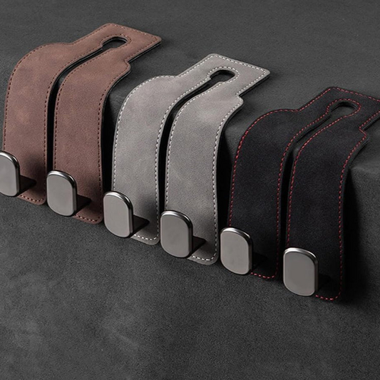 2-in-1 Premium Leather Car Headrest Hanger with Metal Hooks (1 Pair)
